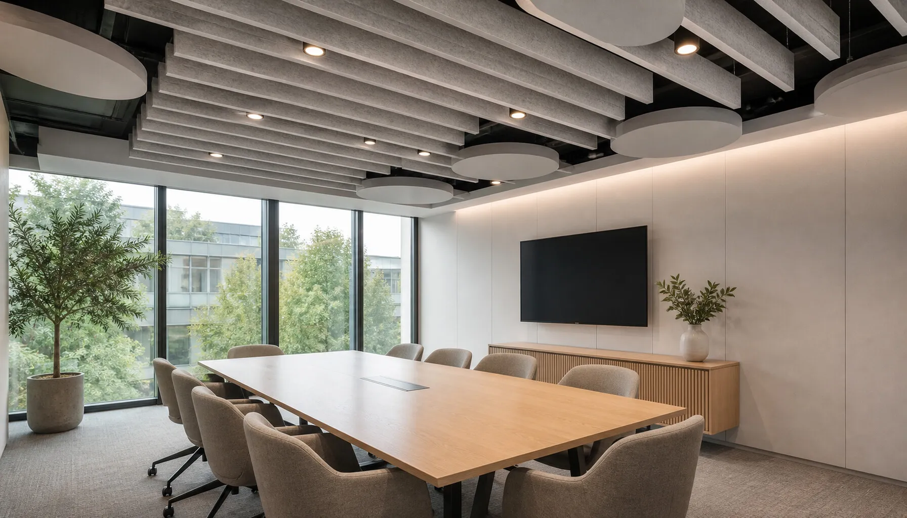 Moderner Besprechungsraum mit akustisch wirksamer Lattendecke, großen Fenstern und langem Holztisch.