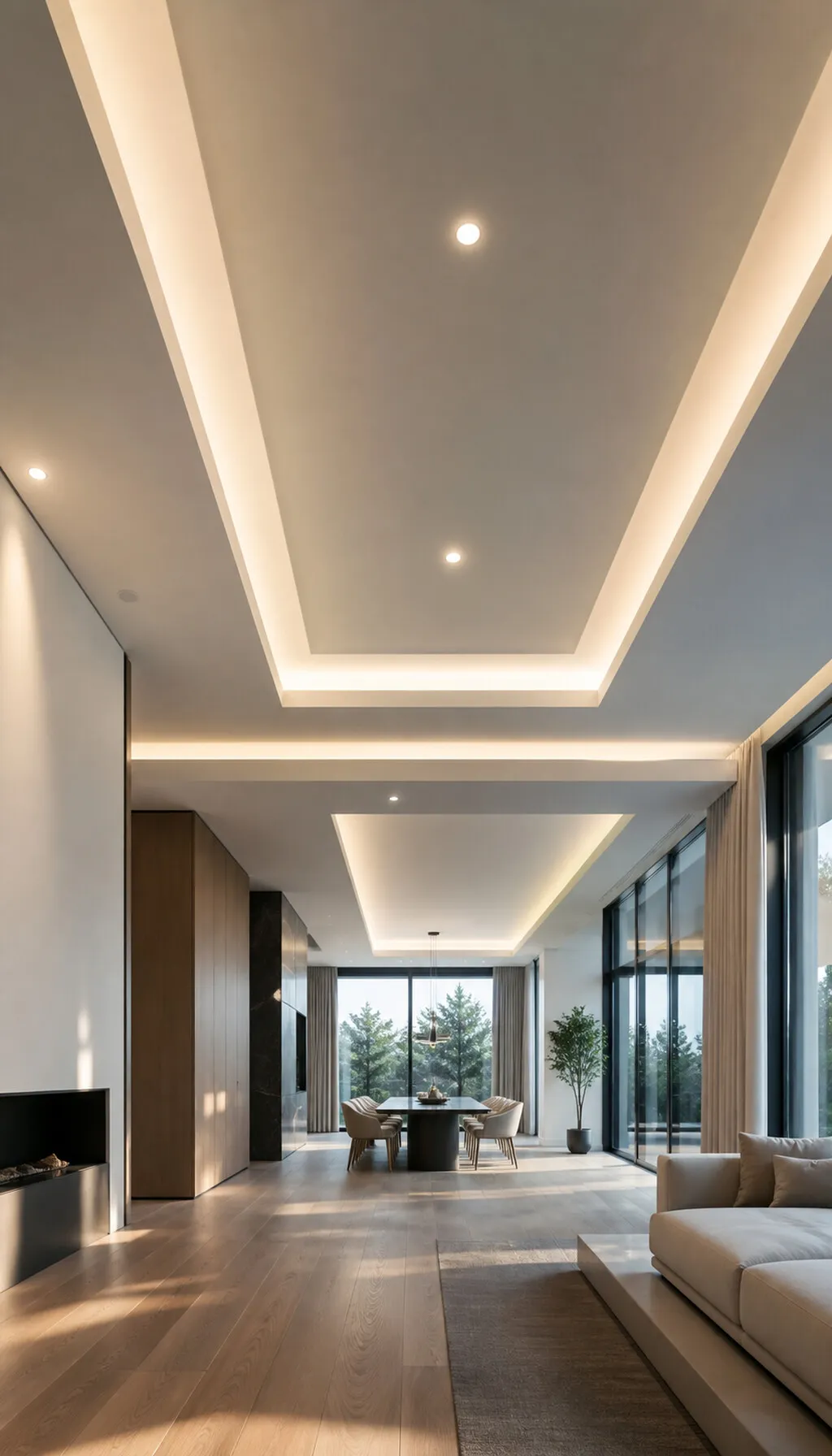 Großzügiger offener Wohnraum mit mehrstufig abgehängter Lichtdecke und bodentiefen Fenstern.