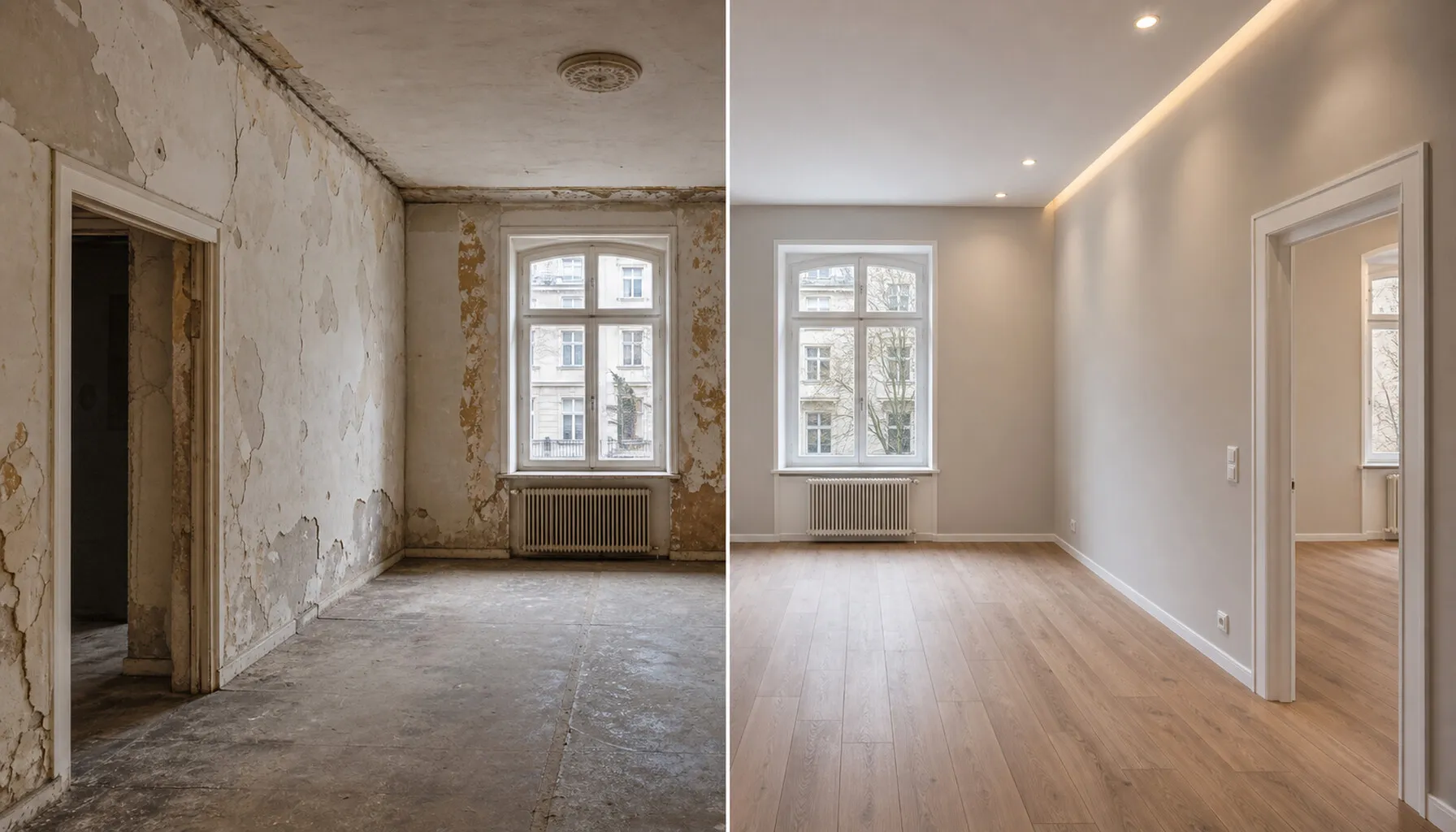 Derselbe Raum vorher und nachher: links unsaniert mit abblätterndem Putz, rechts fertig renoviert mit neuem Holzboden.