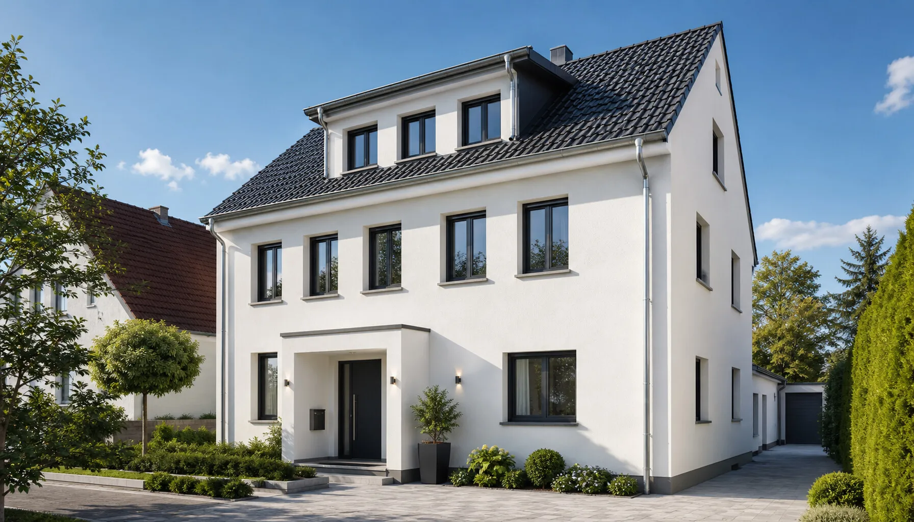 Frisch verputzte Hausfassade in warmem Weiß mit klaren Linien und neuen Fenstern.