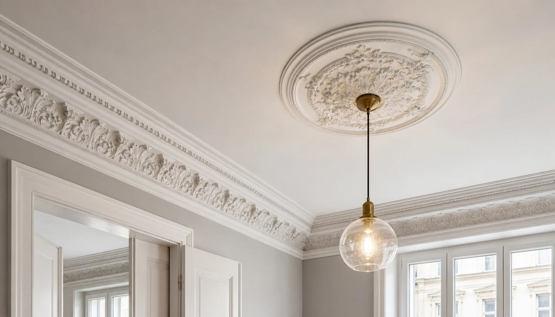 Stuckrosette und floraler Deckenkranz mit Pendelleuchte in einem Altbau.