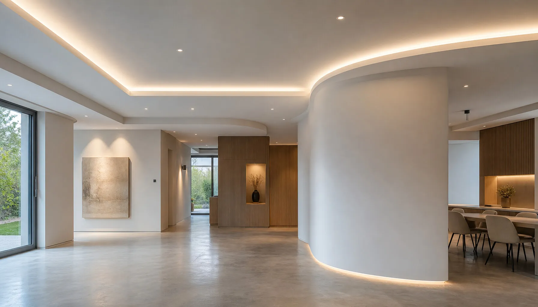 Innenraum mit gerundeter Trockenbauwand, abgehängter Decke und Lichtvoute.