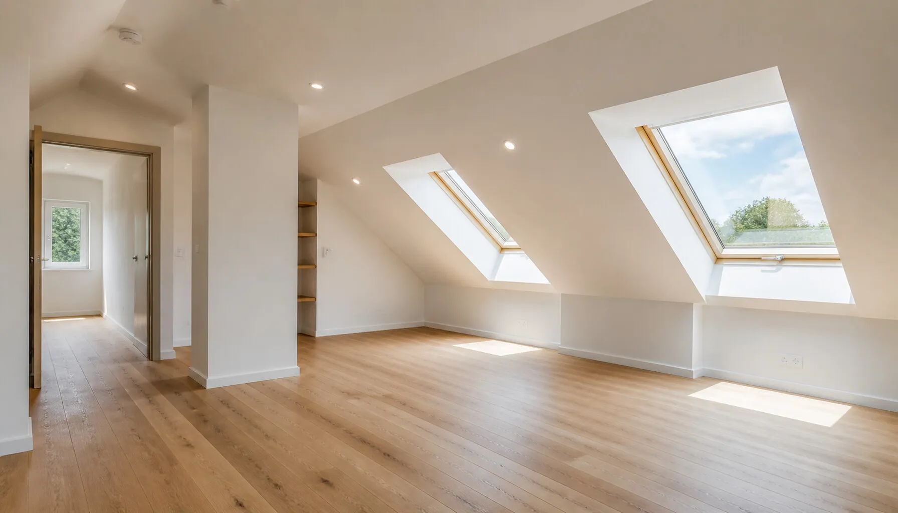 Ausgebautes Dachgeschoss mit schrägen Trockenbauwänden, Dachfenstern und Holzboden.
